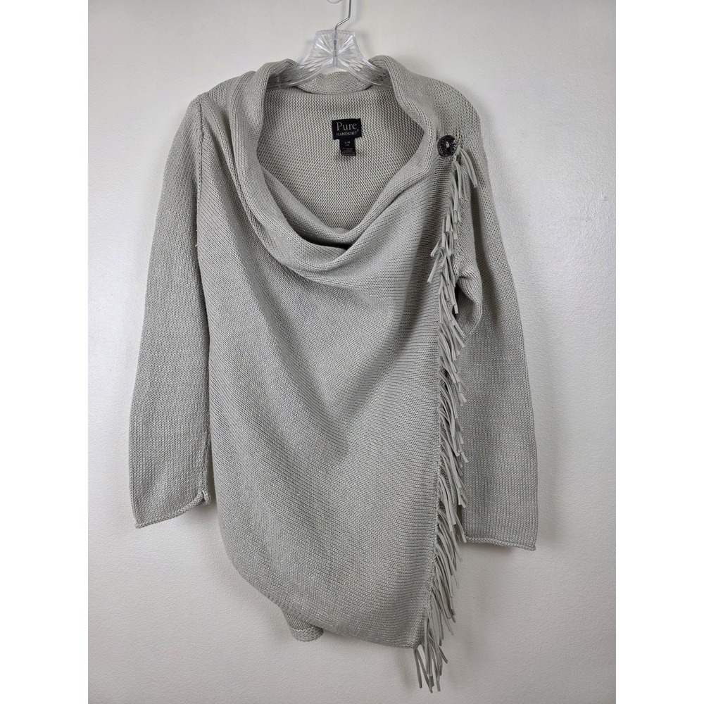 Pure Handknit Sweater Womens Small Medium Shawl Collar Fringe Button Pullover